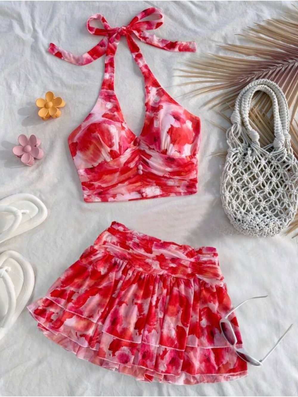 Daisys Boutique Red & White Watercolor Halter Crop Top and Tiered Mini Skirt Set